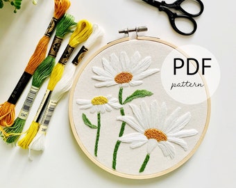 Wild Daisy embroidery pattern. Botanical embroidery PDF pattern. 6” embroidery hoop. Floral embroidery digital download. Advanced beginner