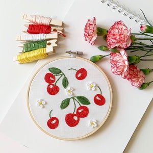 Cherry hand embroidery PDF pattern, beginner intermediate embroidery design, video tutorial, botanical cross stitch, floral patterns
