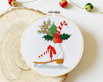 Christmas hand embroidery PDF pattern, holidays embroidery design, beginners cross stitch, winter flowers bouquet, ice skates embroidery