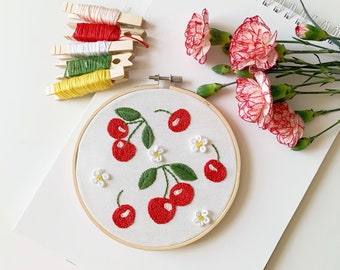 Cherry hand embroidery PDF pattern, beginner intermediate embroidery design, video tutorial, botanical cross stitch, floral patterns