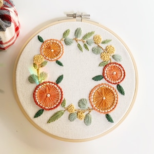 Orange eucalyptus wreath hand embroidery PDF pattern, Christmas wreath embroidery design, beginner intermediate embroidery pattern