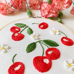 Cherry hand embroidery PDF pattern, beginner intermediate embroidery design, video tutorial, botanical cross stitch, floral patterns image 4