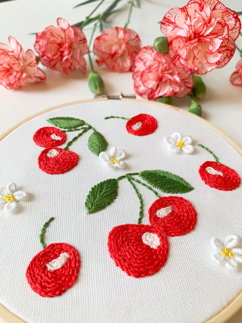 Cherry hand embroidery PDF pattern, beginner intermediate embroidery design, video tutorial, botanical cross stitch, floral patterns image 4