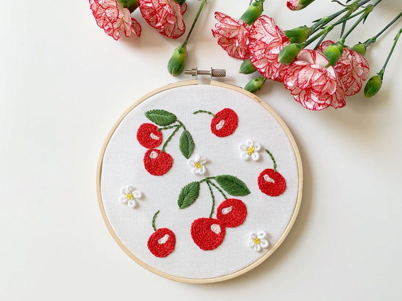 Cherry hand embroidery PDF pattern, beginner intermediate embroidery design, video tutorial, botanical cross stitch, floral patterns image 2