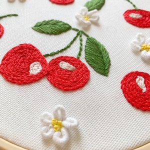 Cherry hand embroidery PDF pattern, beginner intermediate embroidery design, video tutorial, botanical cross stitch, floral patterns image 3