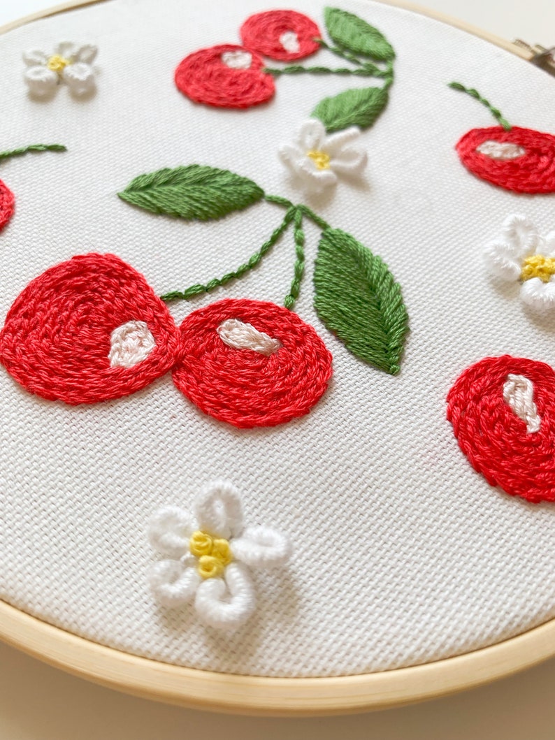 Cherry hand embroidery PDF pattern, beginner intermediate embroidery design, video tutorial, botanical cross stitch, floral patterns image 3