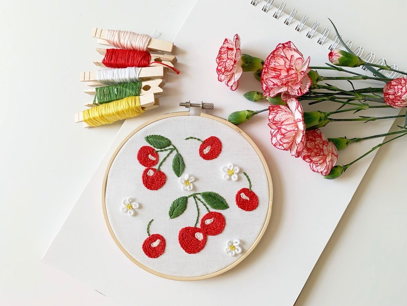 Cherry hand embroidery PDF pattern, beginner intermediate embroidery design, video tutorial, botanical cross stitch, floral patterns image 1