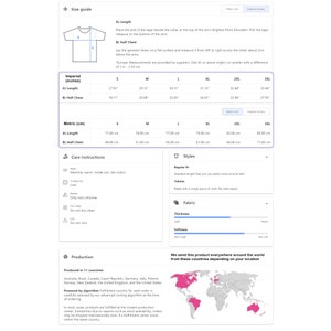 May include: Size chart for a t-shirt with measurements in inches and centimetres. The chart includes length, half chest, and size options from S to 3XL. Care instructions, styles, and fabric details are also included. The chart is on a white background with a world map showing production locations.