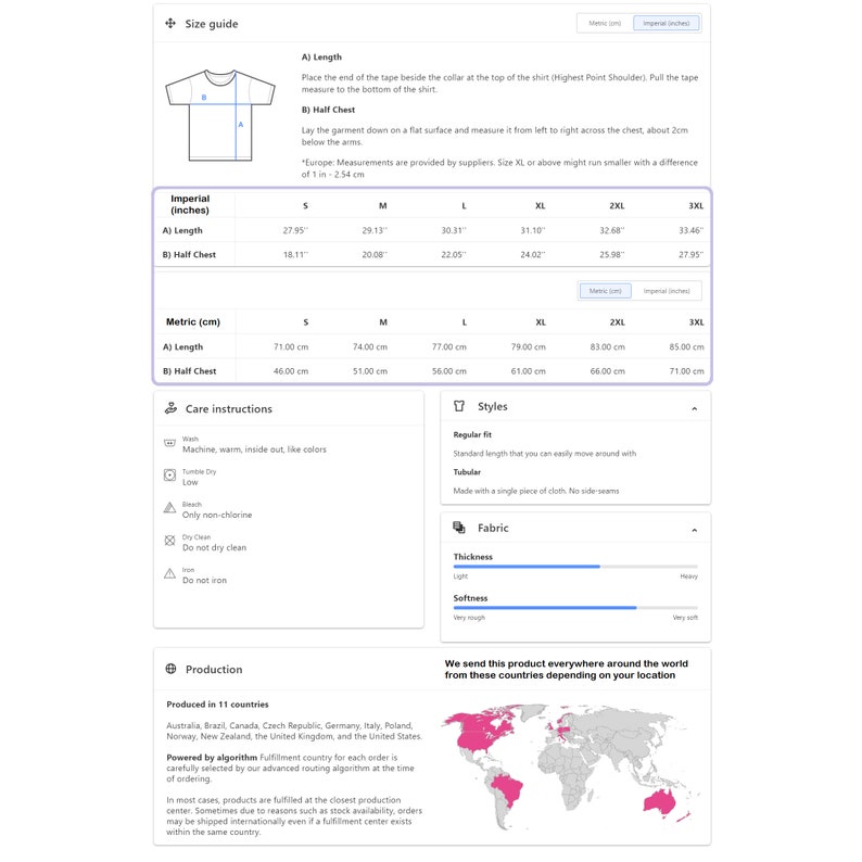 May include: Size chart for a t-shirt with measurements in inches and centimetres. The chart includes length, half chest, and size options from S to 3XL. Care instructions, styles, and fabric details are also included. The chart is on a white background with a world map showing production locations.