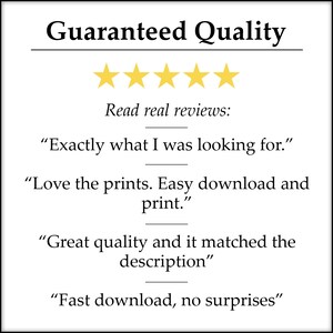 Puede incluir: Una rese&ntilde;a de cinco estrellas con el texto "Calidad garantizada" y testimonios de clientes. Las rese&ntilde;as dicen "Exactamente lo que estaba buscando", "Me encantan las impresiones. F&aacute;cil descarga e impresi&oacute;n", "Gran calidad y coincide con la descripci&oacute;n" y "Descarga r&aacute;pida, sin sorpresas".