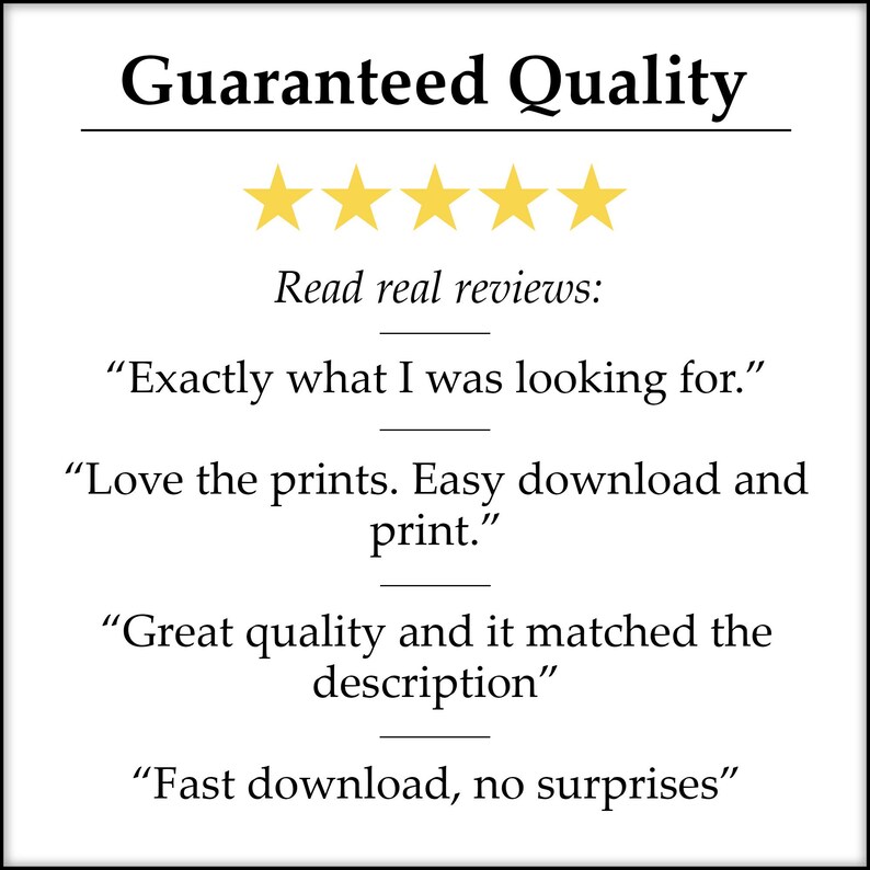Puede incluir: Una rese&ntilde;a de cinco estrellas con el texto "Calidad garantizada" y testimonios de clientes. Las rese&ntilde;as dicen "Exactamente lo que estaba buscando", "Me encantan las impresiones. F&aacute;cil descarga e impresi&oacute;n", "Gran calidad y coincide con la descripci&oacute;n" y "Descarga r&aacute;pida, sin sorpresas".