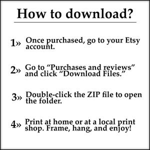 Puede incluir: Un fondo blanco con texto negro que describe c&oacute;mo descargar una compra digital de Etsy. Los pasos incluyen ir a tu cuenta de Etsy, hacer clic en "Compras y rese&ntilde;as" y luego hacer clic en "Descargar archivos".