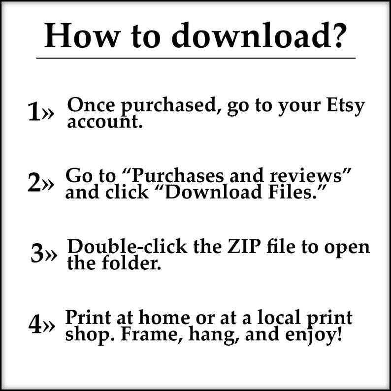 Puede incluir: Un fondo blanco con texto negro que describe c&oacute;mo descargar una compra digital de Etsy. Los pasos incluyen ir a tu cuenta de Etsy, hacer clic en "Compras y rese&ntilde;as" y luego hacer clic en "Descargar archivos".