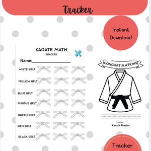 Peut inclure: Une feuille imprimable Karate Math Tracker avec un fond blanc et des pois gris. Elle présente une liste de ceintures de karaté du blanc au noir avec des espaces de suivi, une illustration de kimono et le texte Karate Math Tracker.