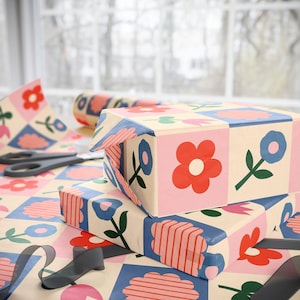 Inpakpapier met retro bloemen - gewaagde bloemenprints, moderne sfeer uit het midden van de eeuw