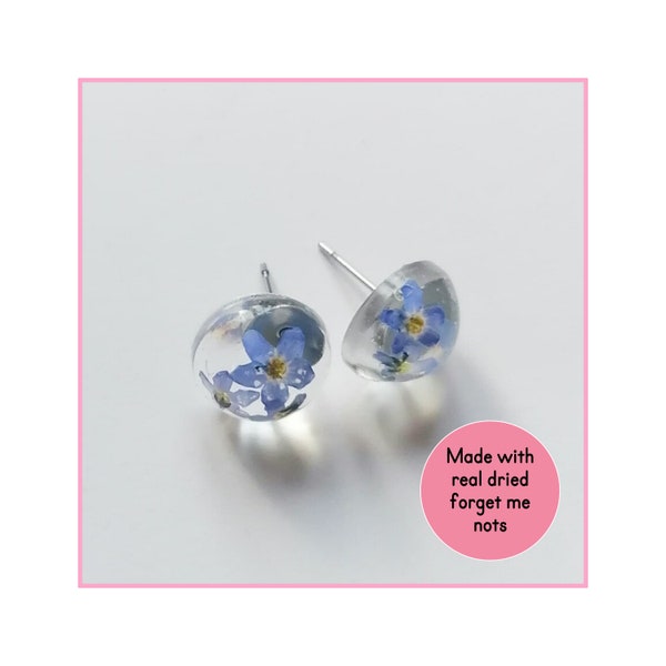 Blue Dried Forget Me Not Studs, Something Blue Wedding Gift For Bride To Be, Sentimental Hypoallergenic Set Of Studs, Blue Floral Earrings