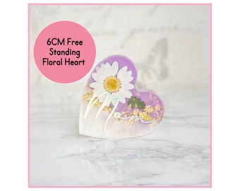 Personalised Free Standing Mini Heart Block 60MM Freestanding Heart Ornament For Mothers Day Gift For Her Floral Gift For Mam Nana Birthday