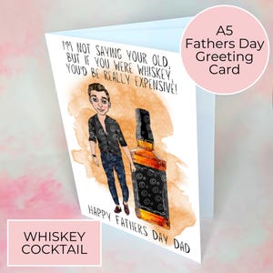 Personalisierte Whisky-Vatertagskarte, Smart-Casual-Jeans und Hemd, Jack Daniels inspirierte Whiskyflaschen-Illustration, Karte von einer Tochter