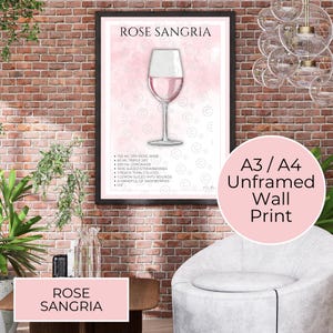 Rose Sangria Wall Art Print, Home Décor For Bar Cart Cocktail Illustration, Housewarming Gift For Cocktail Lover, Kitchen Dining Room Décor