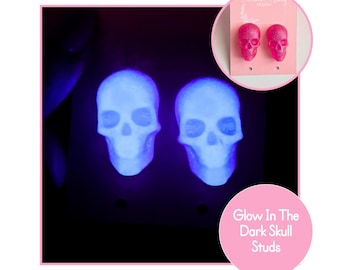 Glow In The Dark Skull Shaped Studded Earrings, Night Time Luminous Gothic Themed Jewellery, Gift For Her, Hypoallergenic Studded Earrings