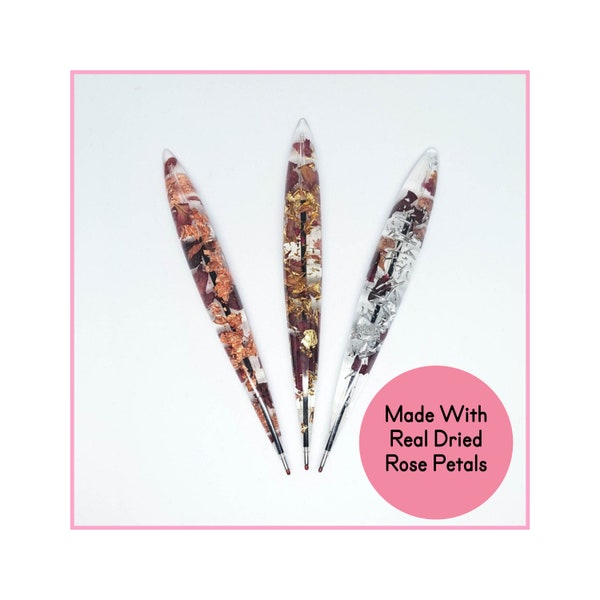 Stylo floral en résine avec de vrais pétales de rose séchés, Pétales de rose avec flocons métalliques, Stylo pour mariage, Stylo pour déclaration de mariage