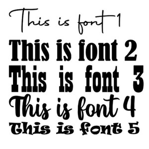 May include: Five different font styles are displayed in black text on a white background. The text reads "This is font 1", "This is font 2", "This is font 3", "This is font 4", and "This is font 5".