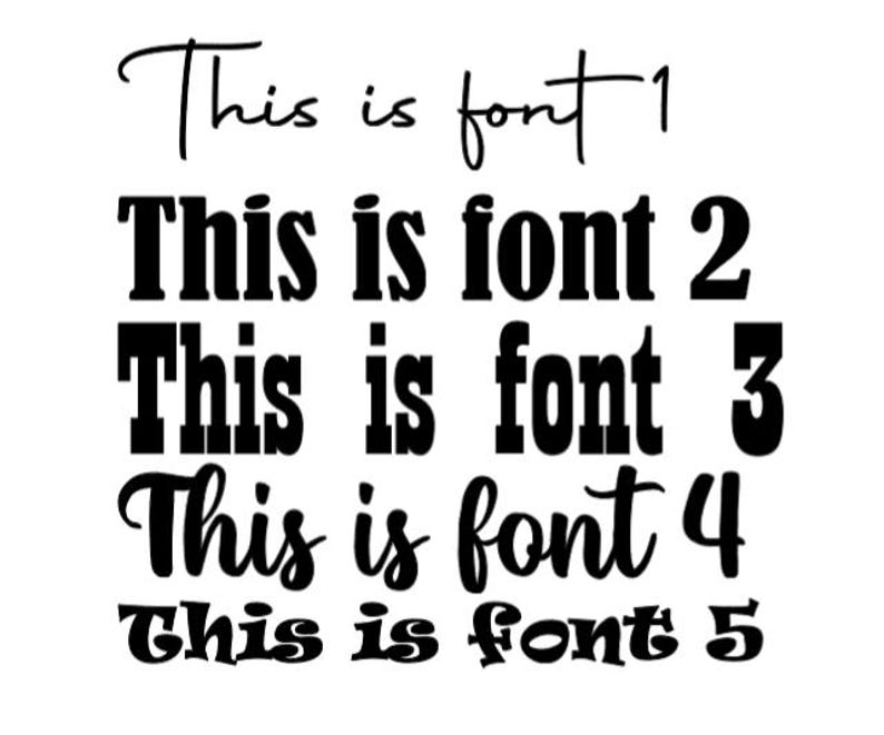 May include: Five different font styles are displayed in black text on a white background. The text reads "This is font 1", "This is font 2", "This is font 3", "This is font 4", and "This is font 5".