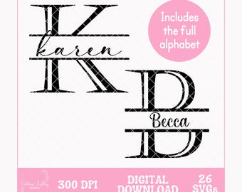 Letras monograma SVG divididas, alfabeto completo A-Z, estilo monograma de fuente simple, compatible con Cricut Silhouette, descarga digital