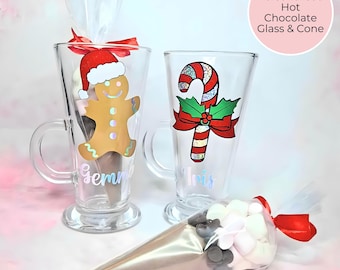 Personalized Christmas Hot Chocolate Glass, Custom Name Mug with Premium Glitter Vinyl, Includes Hot Chocolate Cone, Festive Holiday Gift