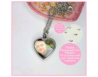 A Personalized Photo Heart Shaped Fillable Urn Necklace, 26" Metal Curb Chain With Photo Heart Pendant, Optional Swarvoski Birth Stone Charm