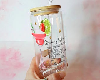 Strawberry Daiquiri Recipe Glass: 16oz Cocktail Tumbler with Bamboo Lid & Glass Straw