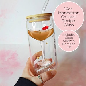 16oz Clear Libby Glass With Manhattan Cocktail And Recipe, Custom Cocktail Recipe Glass For Her Milestone Birthday, Whisky Cocktail Gift