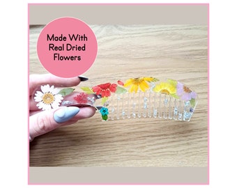 Floral Hair Comb With Metallic Flakes, Real Dried Floral Hair Comb, Hair Accessories, Bridal Gift, Silver / Rose Gold / Gold Flakes, For Her