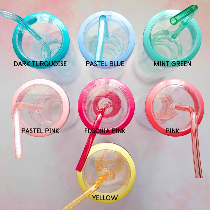 May include: Six clear plastic tumblers with colorful lids and matching straws. The lids are dark turquoise, pastel blue, mint green, pastel pink, fuchsia pink, pink, and yellow.