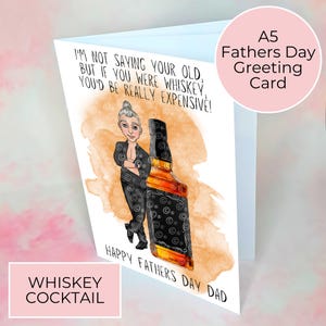 Personalisierte Whisky-Vatertagskarte, elegantes Hemd ohne Krawatte, Jack Daniels inspirierte Whiskyflaschen-Illustration, Karte von einer Tochter