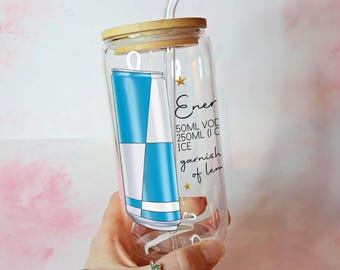 16oz Libbey Glass with Energy Drink & Cocktail Recipe, Fun Drinkware Gift for Cocktail Lovers, UV Print Tumbler for Party Drink Girls Night