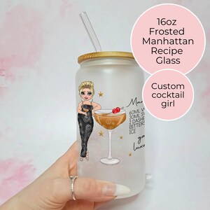 16oz Frosted Manhattan Cocktail Recipe Glass With Custom Look A Like Character, Personalised Cocktail Libby Glass gift For Her Birthday