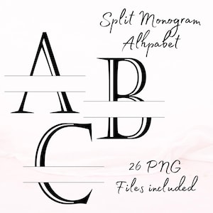 May include: A digital graphic set featuring a split monogram alphabet with black letters A, B, and C. The text reads Split Monogram Alphabet and 26 PNG Files included. Each letter has a horizontal gap for customization in a clean, bold typeface.