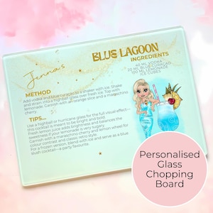 May include: A rectangular glass chopping board with a cocktail recipe for a "Blue Lagoon." The board features a cartoon illustration of a woman with a cocktail, and the text "Personalised Glass Chopping Board."