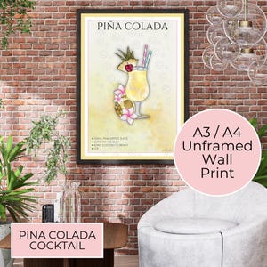 A4 And A3 Pina Colada Wall Art Print, Pina Colada Cocktail Recipe For Bar Cart Kitchen Dining Room Decor, Unframed Cocktail Themed Wall Art