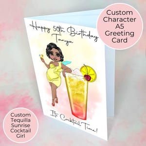 Personalisierte Tequila Sunrise Geburtstagskarte, Cocktail-Themen-Grußkarte für sie, benutzerdefinierte Charakterkarte als Geschenk für Sommer-Soiree-Cocktail