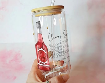 Vaso de 16 oz para cóctel Cherry Sours con tapa de bambú y pajita