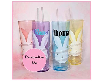 Personalized Easter Themed Curly Straw Tumbler, Plastic Spiral Straw Cup For Children, Easter Birthday Party Wrap Around Straw Cup BPA Free