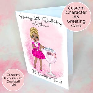 Personalised Pink Gin 75 Cocktail Themed Birthday Card, Its Cocktail Time Bestie Milestone Birthday Greeting Card, Relation And Age Birthday