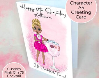 Personalised Pink Gin 75 Cocktail Themed Birthday Card, Its Cocktail Time Bestie Milestone Birthday Greeting Card, Relation And Age Birthday