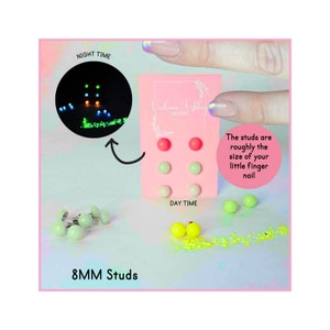 Set of 3 Glow In The Dark Minimal Stud Earrings, Office Jewellery For Her, Small Round Colourful Hypoallergenic Stainless Steel DayWear Stud