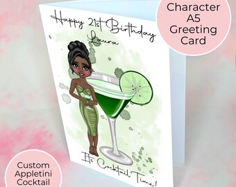 Personalised Appletini Cocktail Girl Milestone Birthday Card, 21st Birthday Card For A Daughter, Its Cocktail Time Card For Best Friend