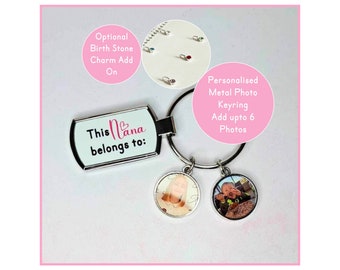 Personalized Metal High Gloss Mini Photo Key ring: Up to 6 Photo Charms, Mothers Day Gift From The Children Grand-kids, Optional Birth Stone