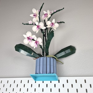 Puede incluir: Una orqu&iacute;dea construible hecha de bloques de pl&aacute;stico, con p&eacute;talos blancos con centros rosas y amarillos, hojas de color verde oscuro y una maceta estriada de color azul claro. La planta se exhibe en un estante azul brillante.