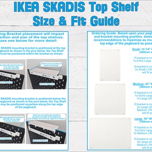 Puede incluir: Una infograf&iacute;a de gu&iacute;a de tallas y ajuste para el estante superior IKEA SKADIS. Muestra instrucciones de colocaci&oacute;n de soportes de montaje para tableros perforados y una gu&iacute;a de pedidos con dimensiones en mil&iacute;metros para varias configuraciones.